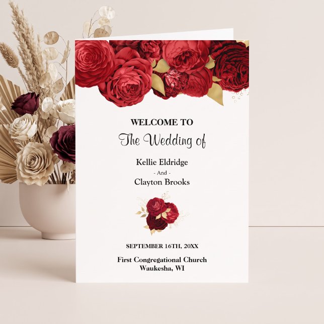 Programme plié de mariage floral rouge et or (Créateur téléchargé)
