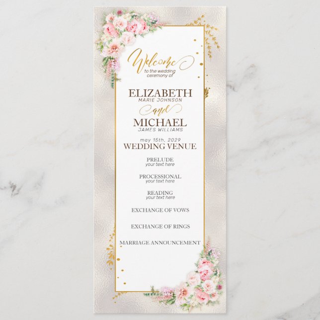 Programme Pony rose Floral Gold Script & Mariage de cadre (Devant)