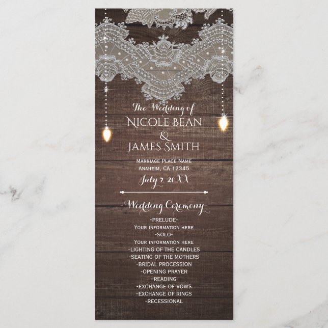 Programme Porte-programme en bois rustique et dentelle vinta (Devant)