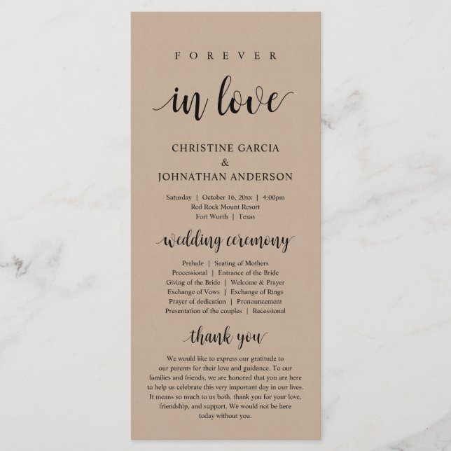 Programme Pour toujours amoureux, Cérémonie Mariage moderne, (Devant)