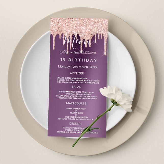 Programme Purple rose gouttes de parties scintillant d'or  d (Purple rose gold glitter drips Birthday Program )