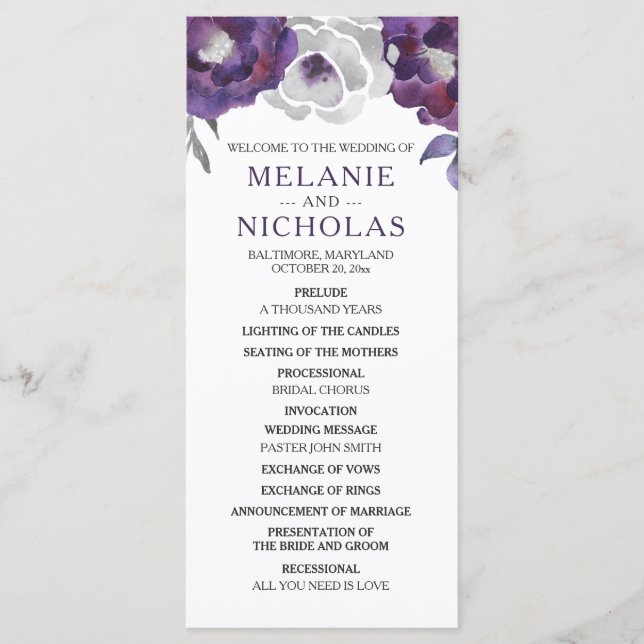 Programme Purple Silver Grey Floral Wedding Program, 3953 (Devant)