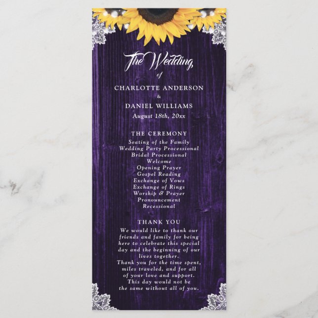 Programme Purple Sunflower Wood Floral Lace Wedding Program (Devant)