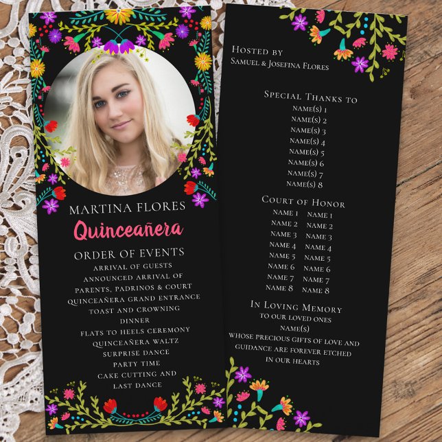 Programme Quinceanera Floral Fiesta Mexicaine Photo Noire (Quinceanera order of events with custom photo and colorful mexican fiesta flowers on black)