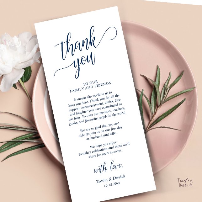 Programme Réception de mariage moderne et classique (Modern Classy Wedding Dinner Thank You Card Reception brunch lunch in Navy Blue)