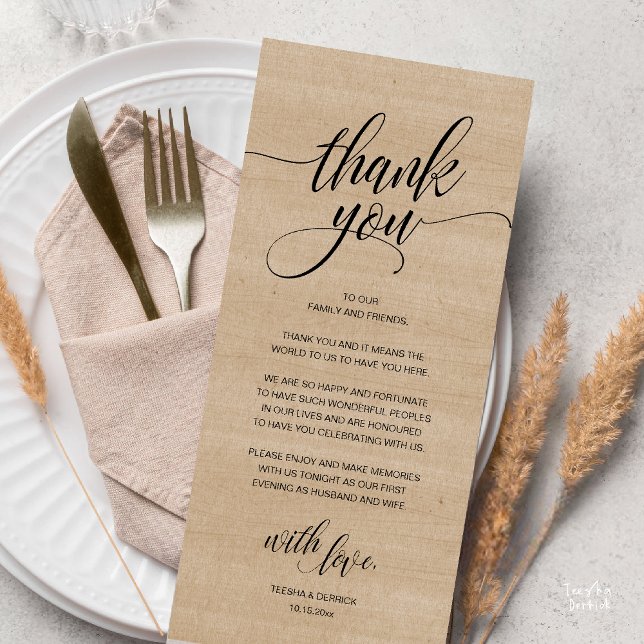 Programme Réception de mariage rustique Boho (Modern Rustic Wedding Reception Dinner Lunch Brunch Thank You Card Brown Village Wood )