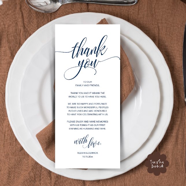 Programme Réception de mariage rustique moderne (Modern Romantic Wedding Reception Dinner Thank You Card in Navy Blue)