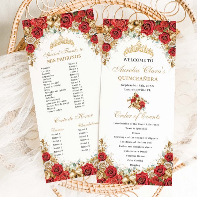 Programme Red and Gold Floral Quinceanera Order of Events (Créateur téléchargé)
