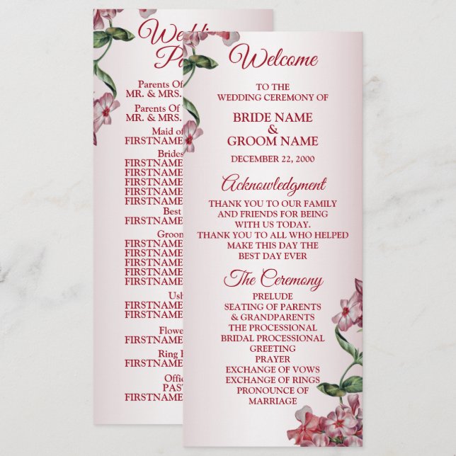 Programme Red Pink Floral Green Leaves Modern Wedding (Devant / Derrière)