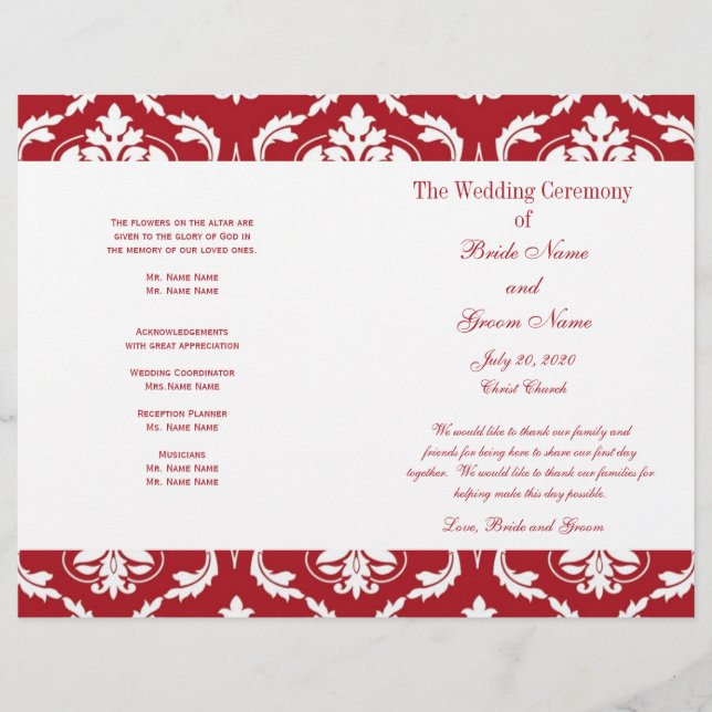 Programme Red White Vintage Mariage damassé (Devant)