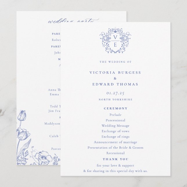 Programme Regency Blue Monogram Crest Mariage (Devant / Derrière)