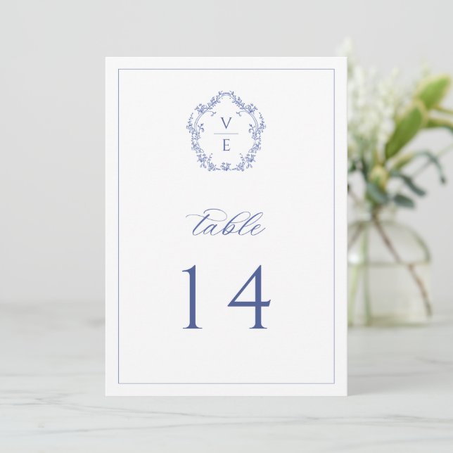 Programme Regency Blue Monogram Crest Mariage Numéro de tabl (Debout devant)