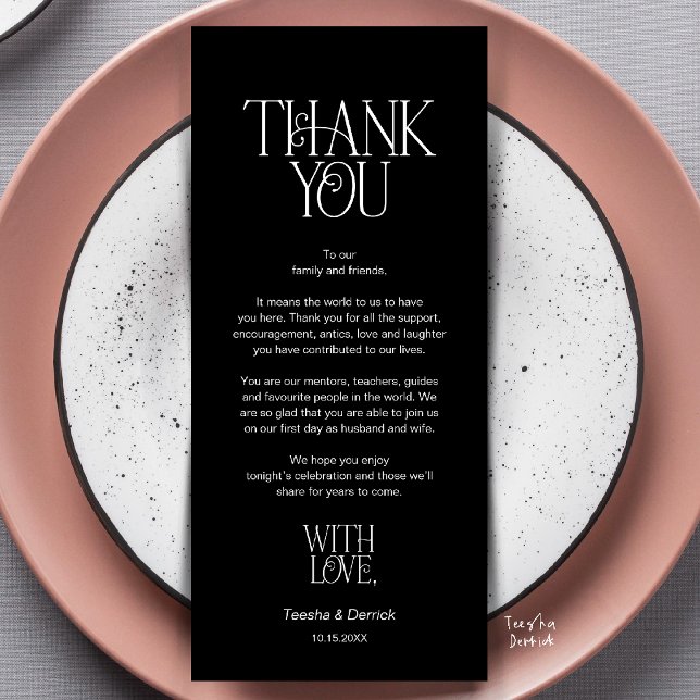 Programme Remerciements pour la disposition de la table de m (Modern Minimalist Wedding Dinner Place Setting Thank You Classy Black Card)