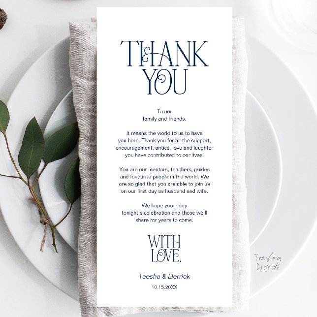 Programme Remerciements pour la disposition de la table de m (Modern Minimalist Wedding Dinner Place Setting Thank You Navy Blue Card)