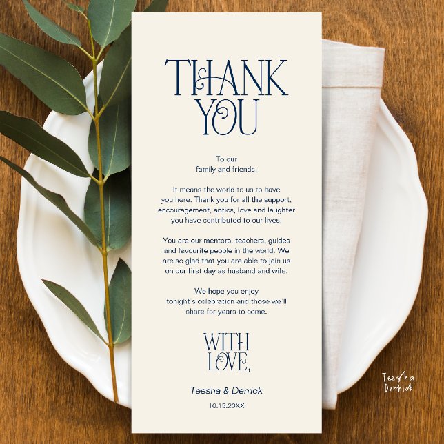 Programme Remerciements pour la disposition de la table de m (Modern Minimalist Wedding Dinner Place Setting Thank You Navy Blue and Ivory Card)