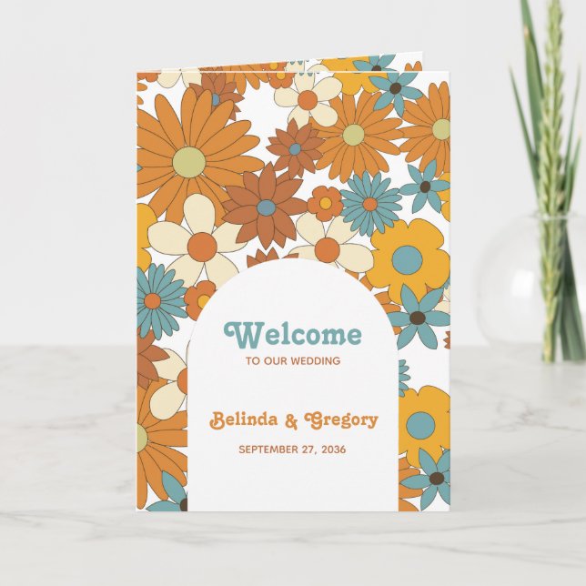 Programme Retro Flowers 60's 70's Mariage Ordre du service (Devant)