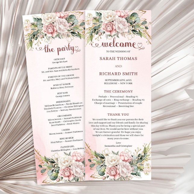 Programme Romantic Blush Pink Floral Gold Greenery Wedding (Romantic Blush Pink Floral Greenery Wedding Program)