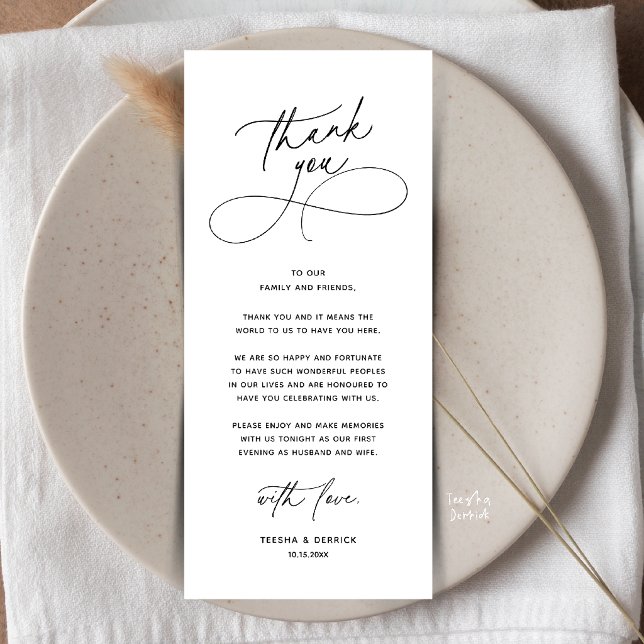 Programme Romantic Wed Dinner Place Setting Thank You Card (Romantic Wedding Place Setting Thank You Card in Black and white)