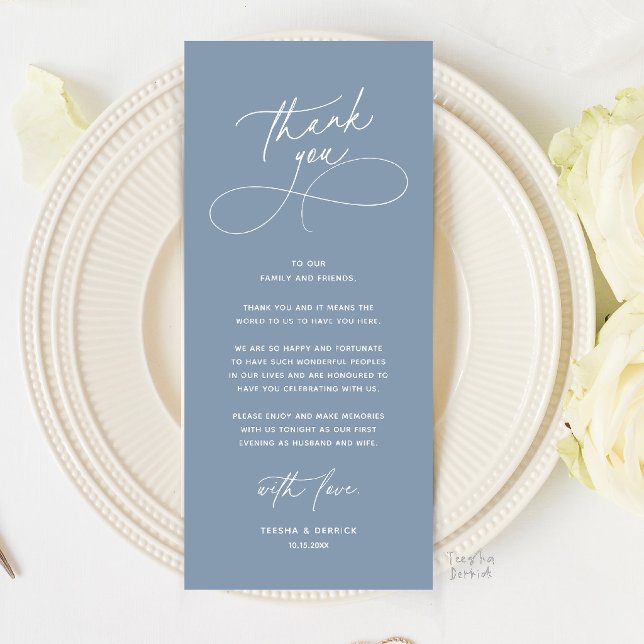Programme Romantic Wed Dinner Place Setting Thank You Card (Romantic Wedding Place Setting Thank You Card in Dusty Blue)