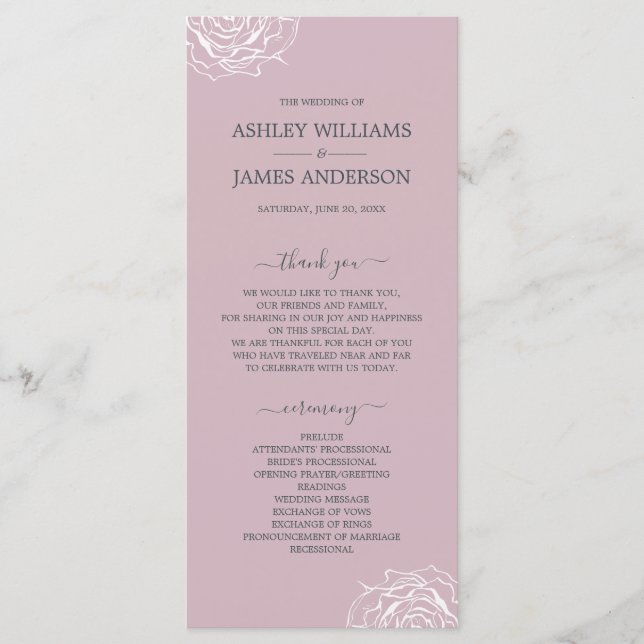 Programme Rose floral chic violet simple Mariage minimal (Devant)