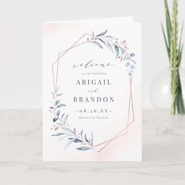 Programme Rose Gold Dusty Blue Greenery Mariage géométrique (Devant)