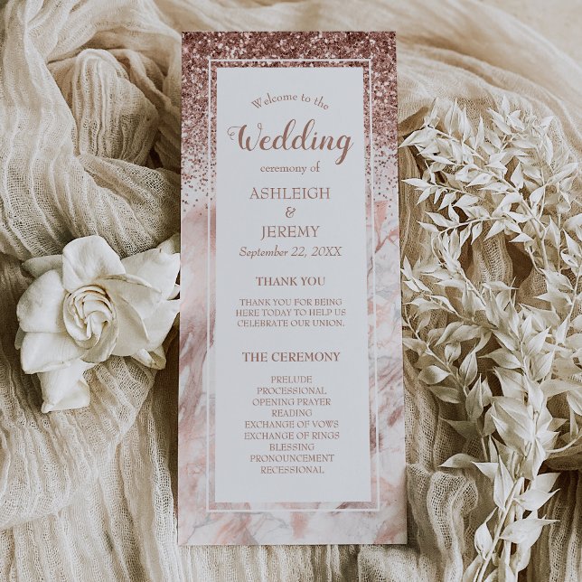 Programme Rose Gold Faux Paillettes Mariage Script Marbre (Créateur téléchargé)