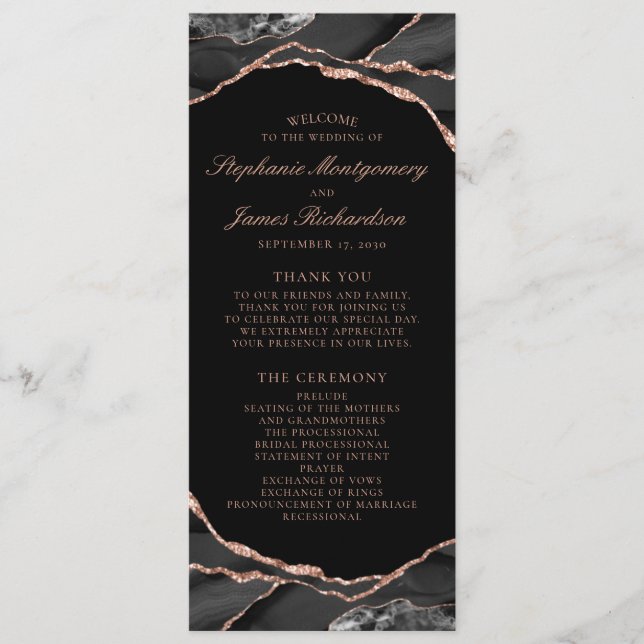 Programme Rose noire élégante Mariage Agate feuille d'or (Devant)