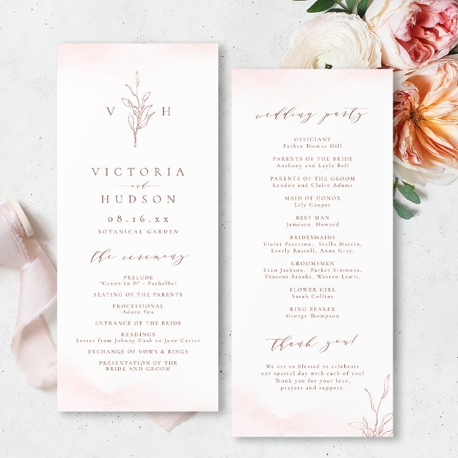 Programme Rose or simple botanique mariage (Rose gold simple botanical monogram wedding program)