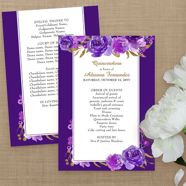 Programme Rose pourpre et Elegant feuille or Quinceanera (Purple floral program from my Rose and Gold Leaf quinceanera collection)