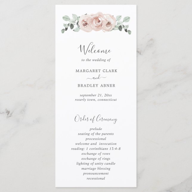Programme Rose Poussiéreuse Fleurs Aquarelle Élégant Mariage (Devant)