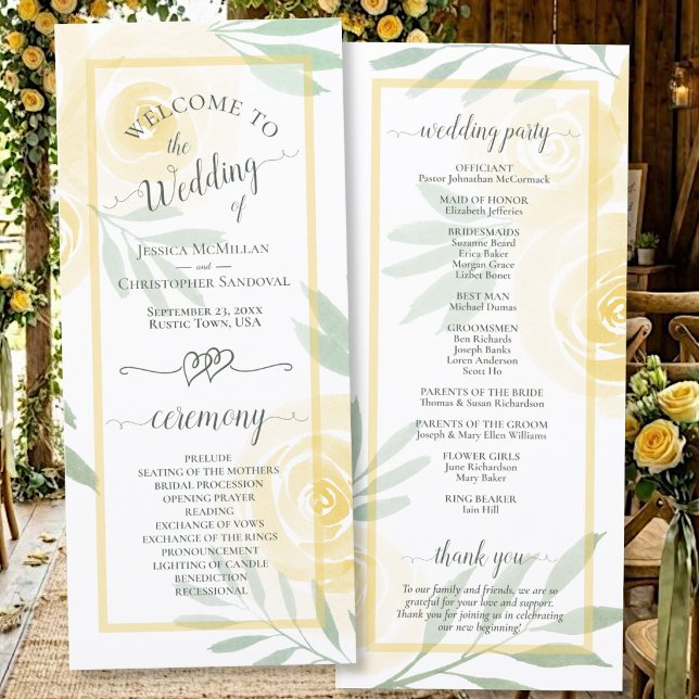 Programme Roses Aquarelle Jaune Beurre Élégant Mariage (Front/Back)