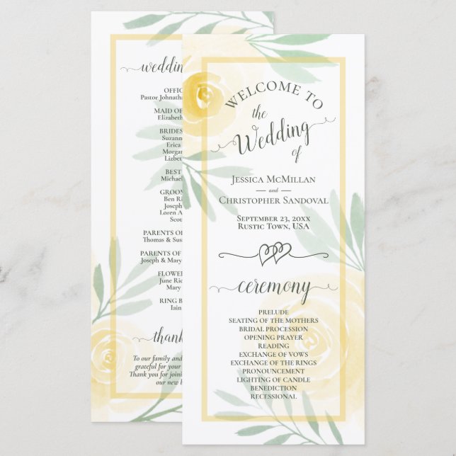 Programme Roses Aquarelle Jaune Beurre Élégant Mariage (Devant / Derrière)