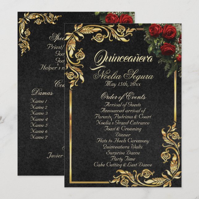 Programme Roses & Gold Leaves - Black Quinceanera Program (Devant / Derrière)