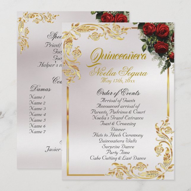 Programme Roses & Gold Leaves - Pearl Quinceanera Program (Devant / Derrière)