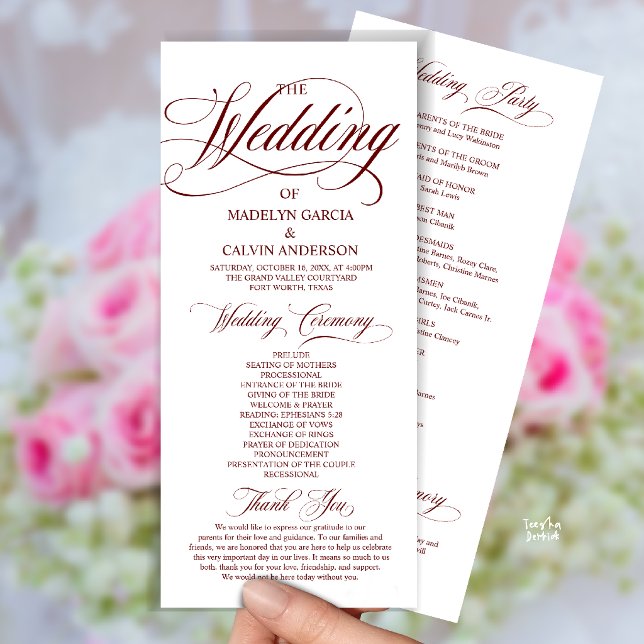 Programme Rouge Bourgogne Moderne Tout En Un Mariage Script (Modern Script All In One Wedding Program Card in Burgundy Wine Red)