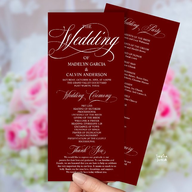 Programme Rouge Bourgogne Moderne Tout En Un Mariage Script (Modern Script All In One Wedding Program Card in Burgundy Wine Red)