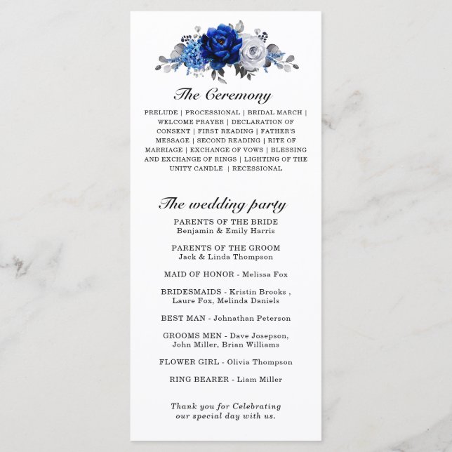 Programme Royal Bleu Blanc Argent Métallo Mariage Floral (Dos)