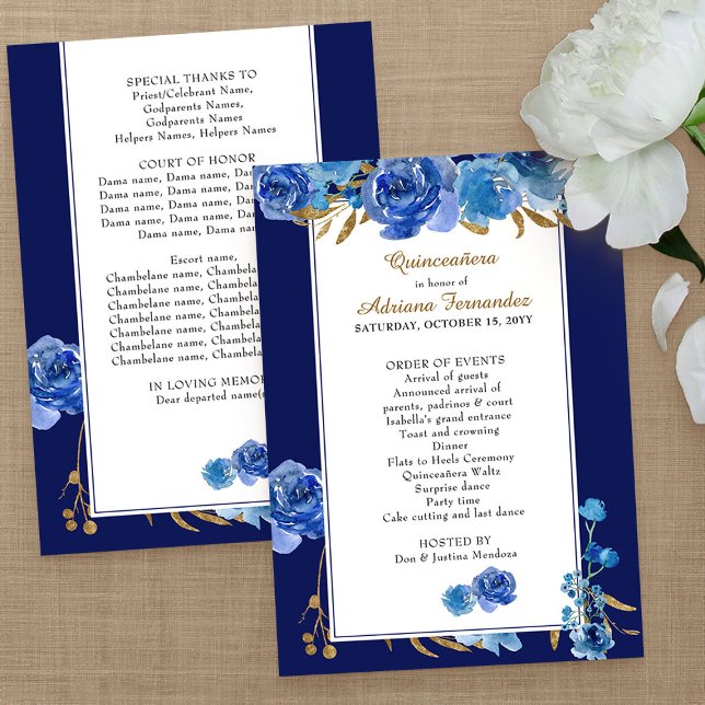 Programme Royal Blue Rose et Elegant Gold Leaf Quinceanera (Program Order of Events card from my Rose and Gold Leaf quinceanera collection)