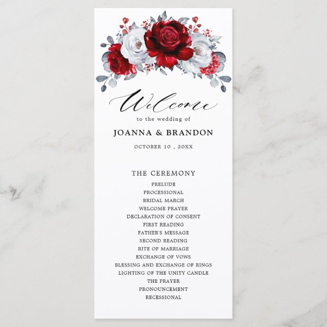 Programme Royal Rouge Blanc argent métal Mariage floral (Devant)