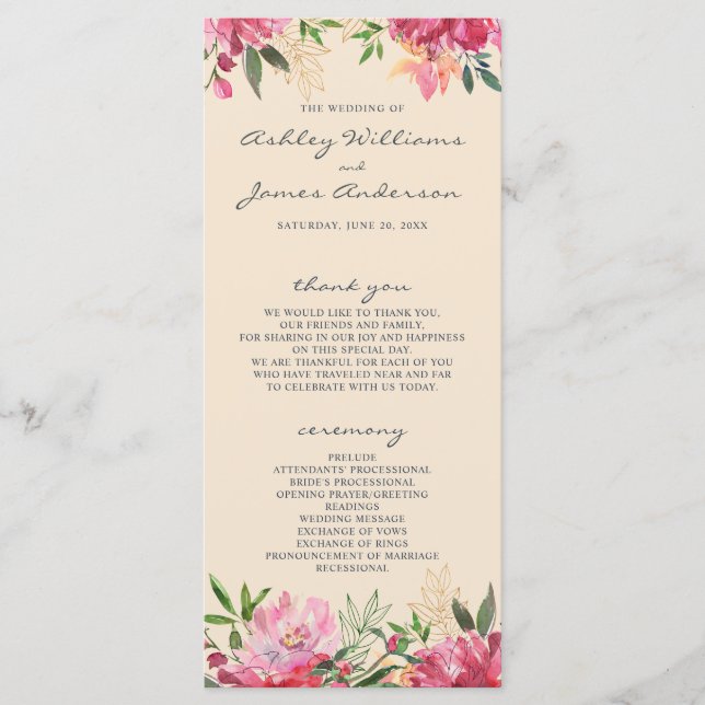 Programme Ruby Pink Peony Botanical Ivory Wedding (Devant)
