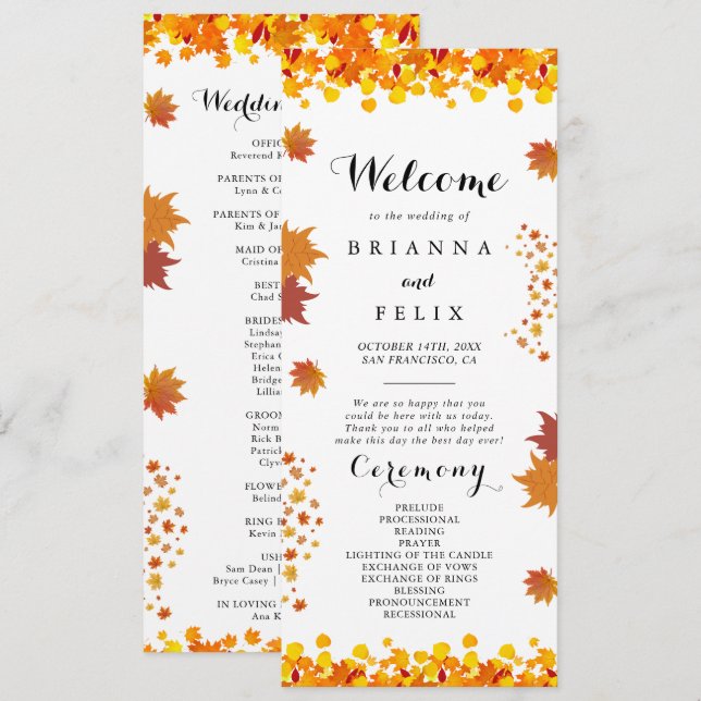 Programme Rustic Autumn Leaves Wedding (Devant / Derrière)