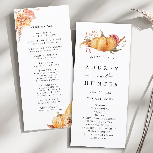 Programme Rustic Fall Gold Floral Citrouille Mariage (Front & Back)