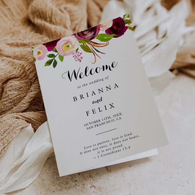 Programme Rustique Blush Bourgogne Floral plié Mariage (Créateur téléchargé)