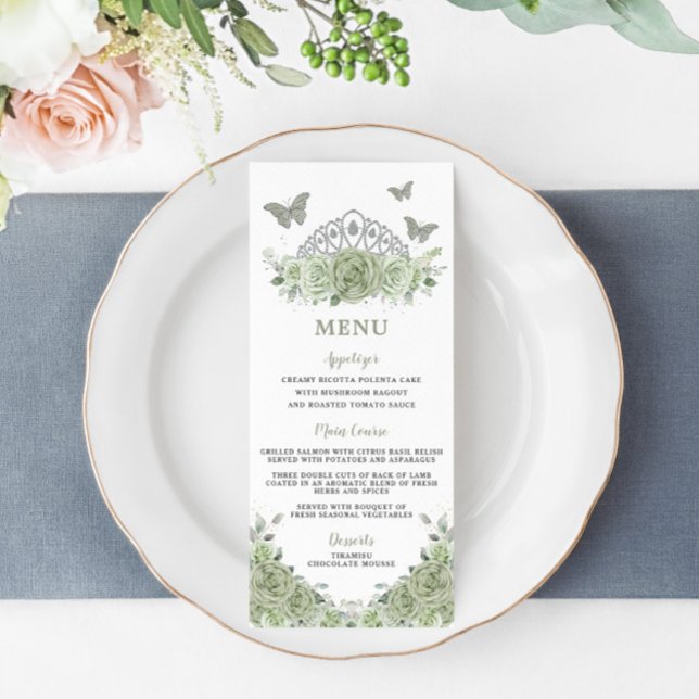 Programme Sage Green Floral Argent Quinceanera Anniversaire  (Créateur téléchargé)