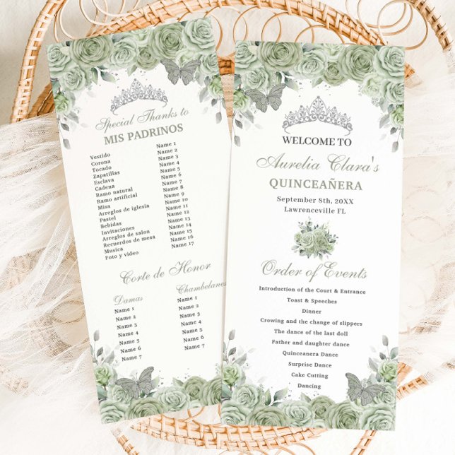 Programme Sage Green Floral Argent Quinceañera Ordre Événeme (sage green floral silver quinceanera order of events padrinos list court of honor slim cards)