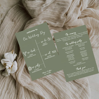 Programme Sage Green Wedding Program Card Editable Template