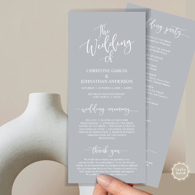 Programme Script élégant moderne, Cérémonie Mariage (Wedding Program Ceremony Card, Modern Romantic Script, Chill Grey)