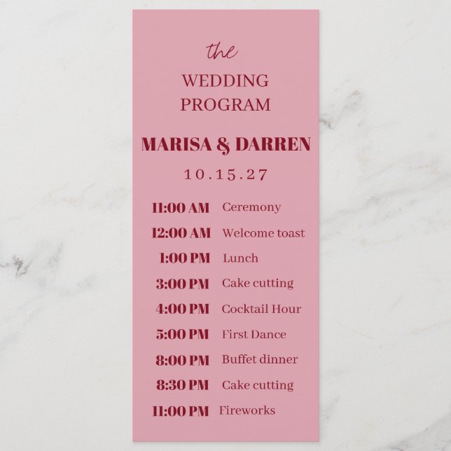 Programme Script manuscrit rose et rouge Mariage personnalis (Devant)