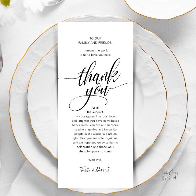 Programme Script moderne Mariage Dîner  Merci (Modern Script Wedding Guest Dinner Reception Brunch Lunch Thank You Card in Black and White)