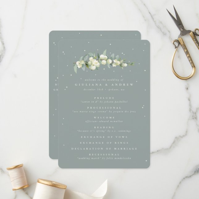 Programme Seafoam Green Snowberry+Eucalyptus Stem Mariage (Devant/Arrière en situation)